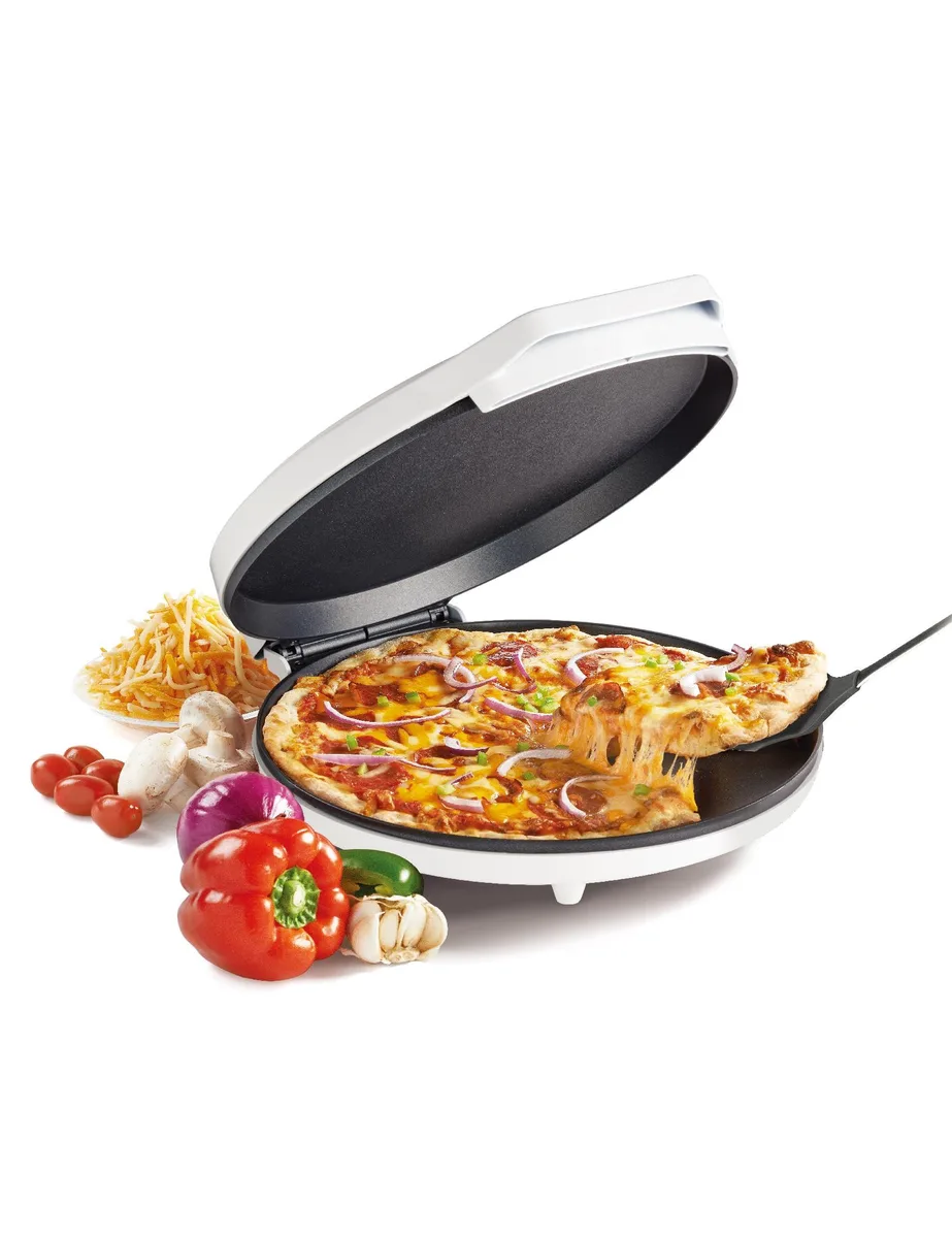 White round countertop pizza maker with nonstick cooking surface and lid closed