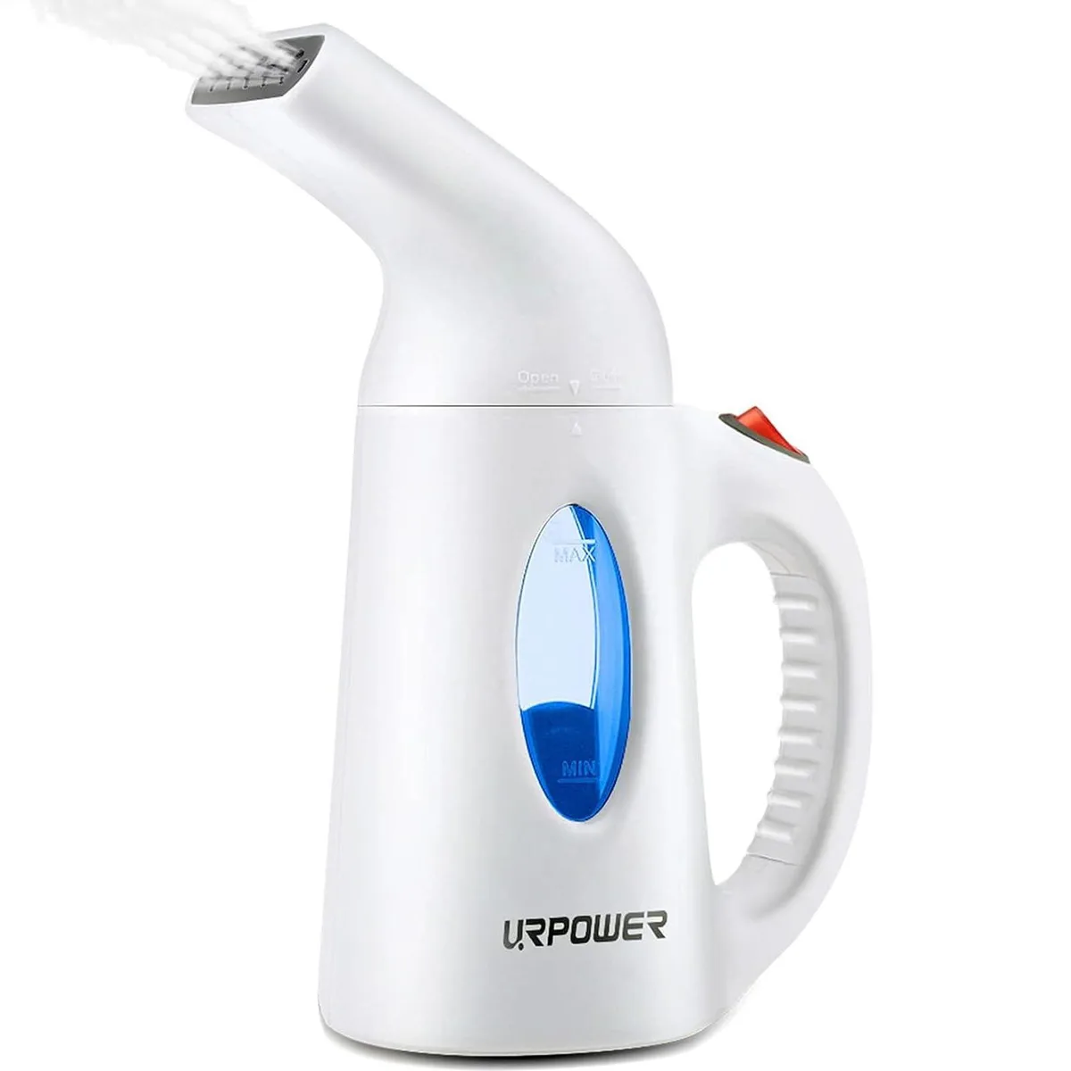 White handheld garment steamer with compact body and nozzle, 1.2 pounds