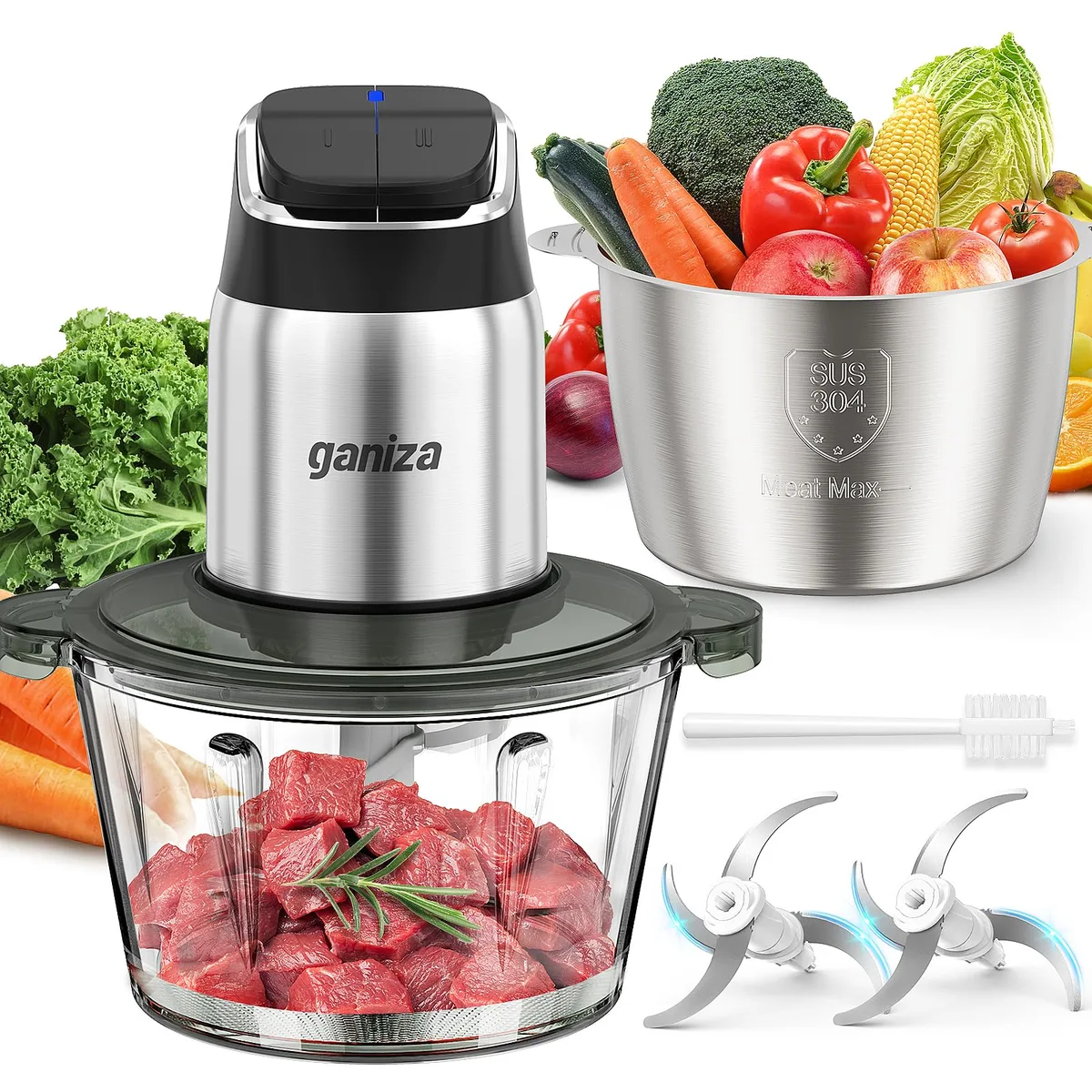 Ganiza GC10-S Food Processor Dual Bowls 8-Cup Glass Stainless Steel 120V Silver — product photo
