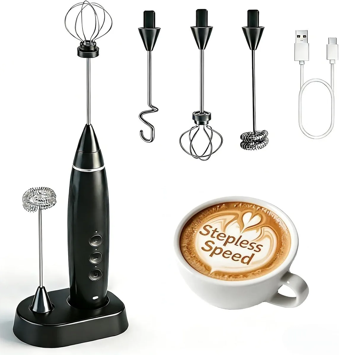 White handheld milk frother with three stainless steel whisks and charging stand