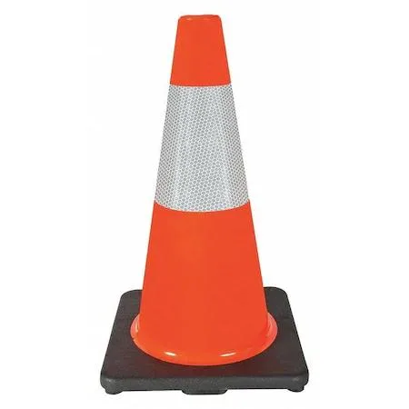 Orange PVC traffic cone, 18 inches tall with reflective collar