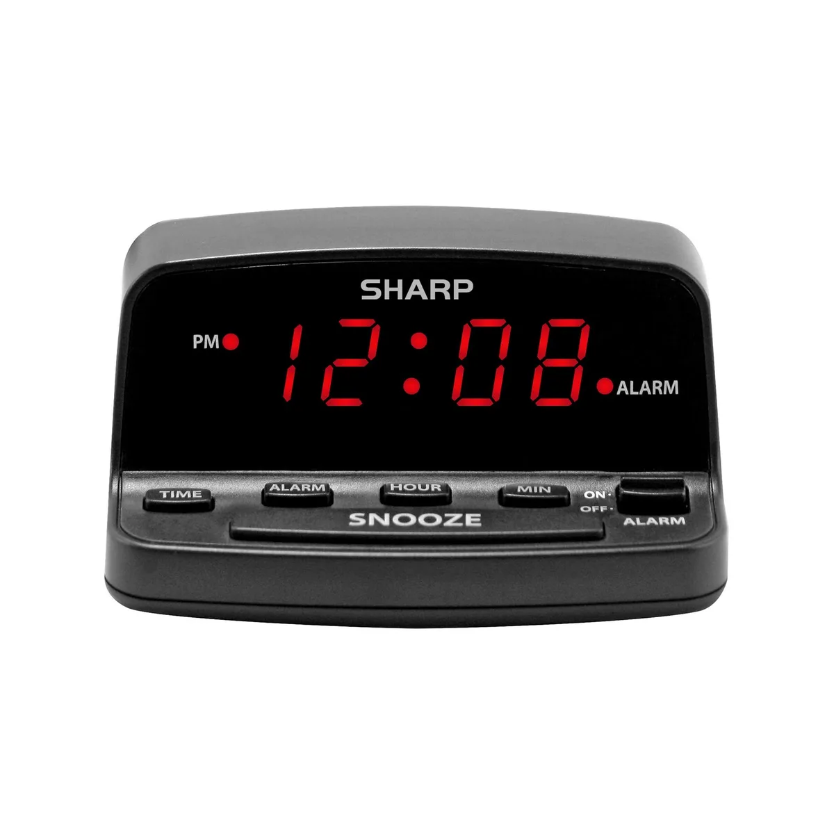 Black digital alarm clock with red LED display and keyboard controls