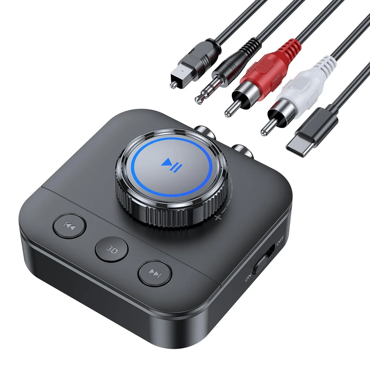 Small black box with volume knob and RCA, 3.5mm, optical ports