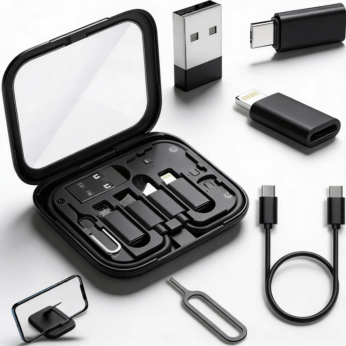Black rectangular case with mirror lid, USB-C cable and three adapters inside