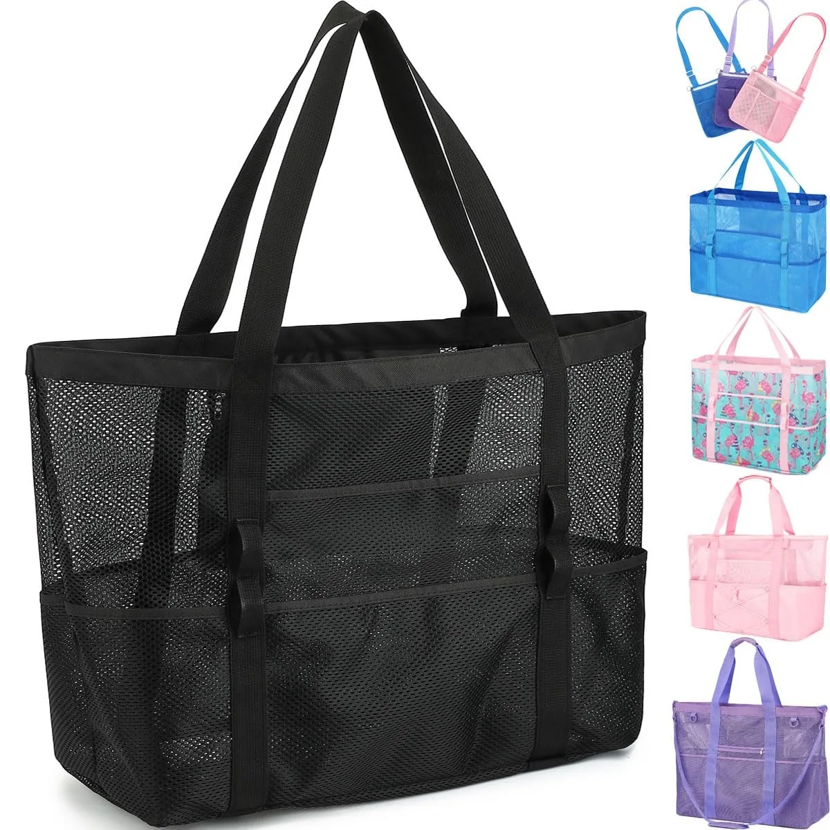 Black mesh handbag with zipper top and shoulder strap, 17.9 inches long