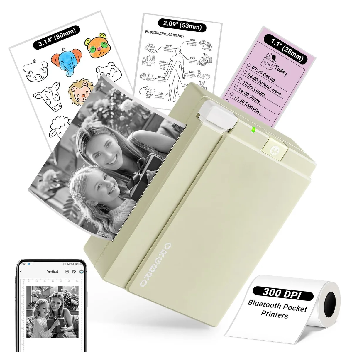 Compact khaki thermal label printer, rounded rectangular shape, matte finish, small enough to hold in one hand