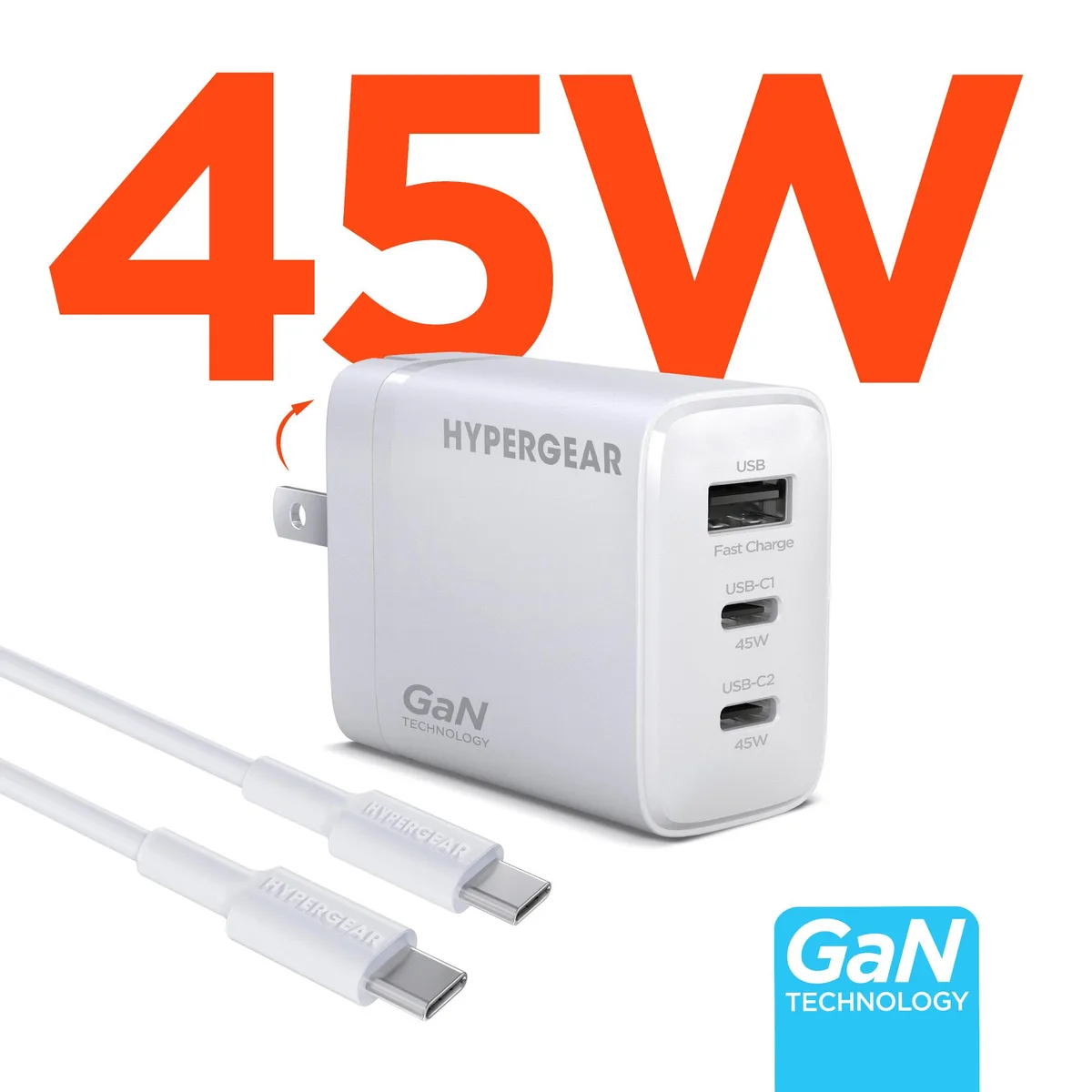 HyperGear HyperGear SpeedBoost 45W Tri-Port GaN Wall Charger with 6ft USB-C Cable — product photo