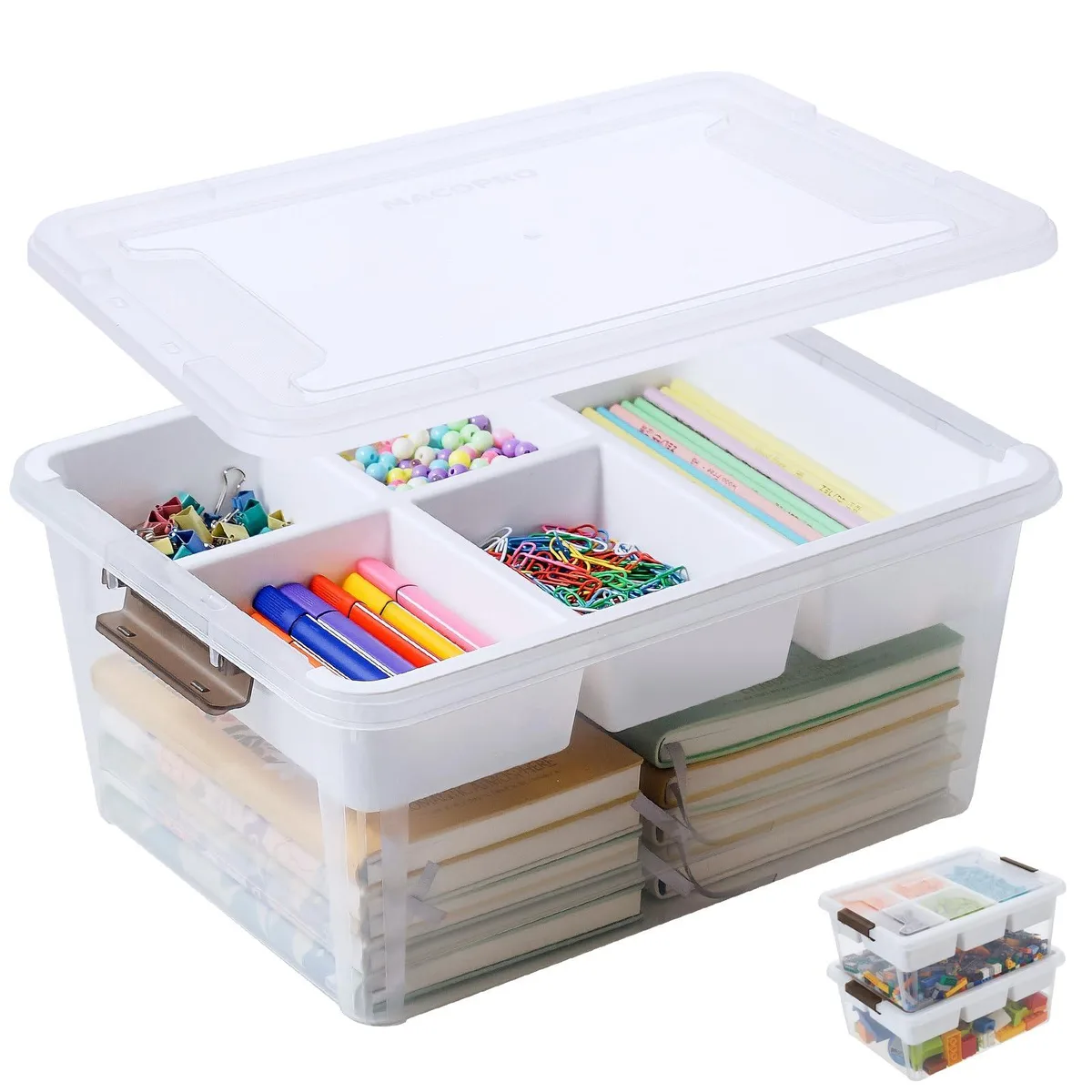 Clear plastic storage box with white lid, removable tray and clasp closure