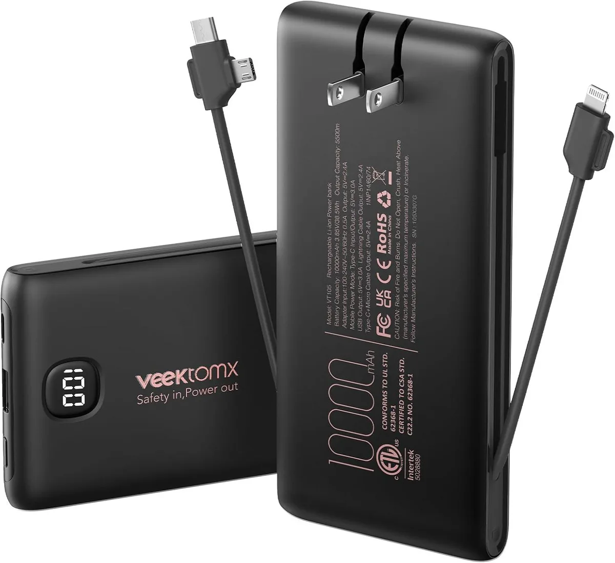 WOOJONG WOOJONG power bank 10000mAh built-in cables wall plug Black — product photo