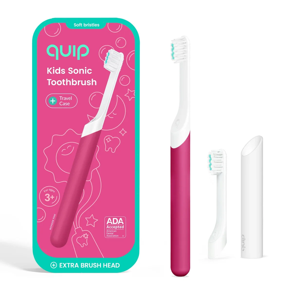 Pink kids sonic toothbrush with rubber grip handle and travel cover
