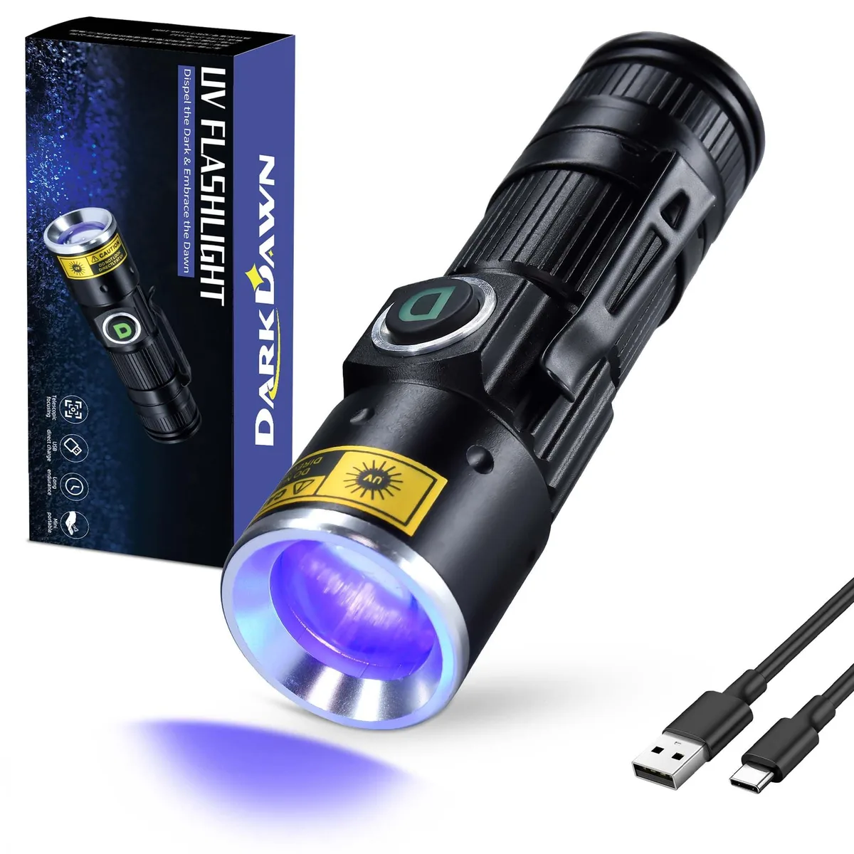 Small rectangular aluminium UV flashlight, hidden USB charging, pocket clip