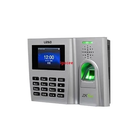 Rectangular white biometric terminal with 3-inch colour screen, fingerprint sensor below display, numeric keypad, wall-mount design