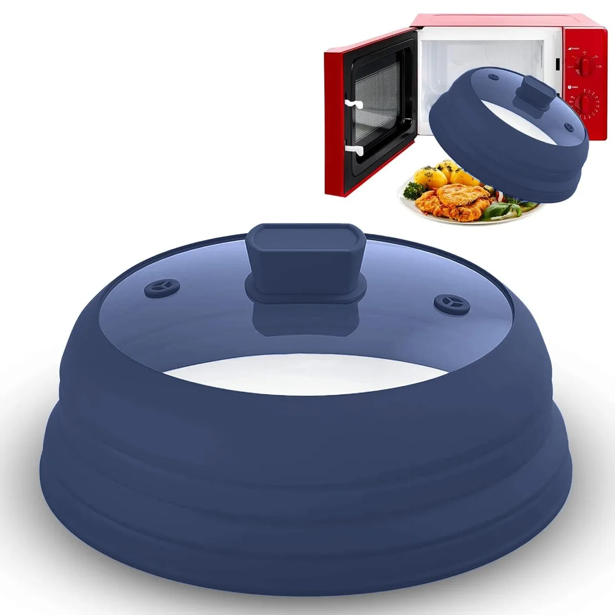 Blue dark collapsible microwave splatter cover with clear tempered glass top and silicone dome