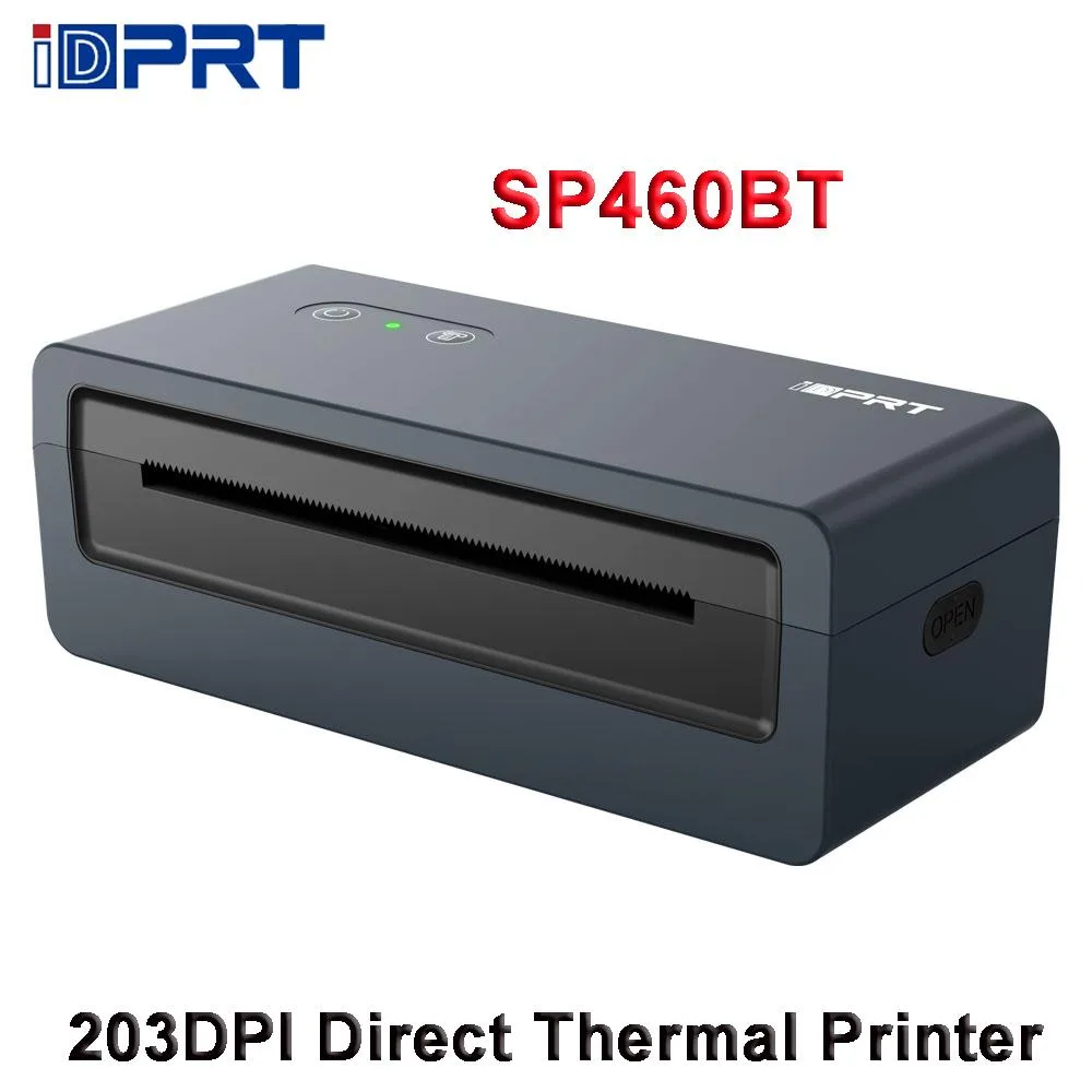 Compact white barcode label printer with top cover open showing roll holder