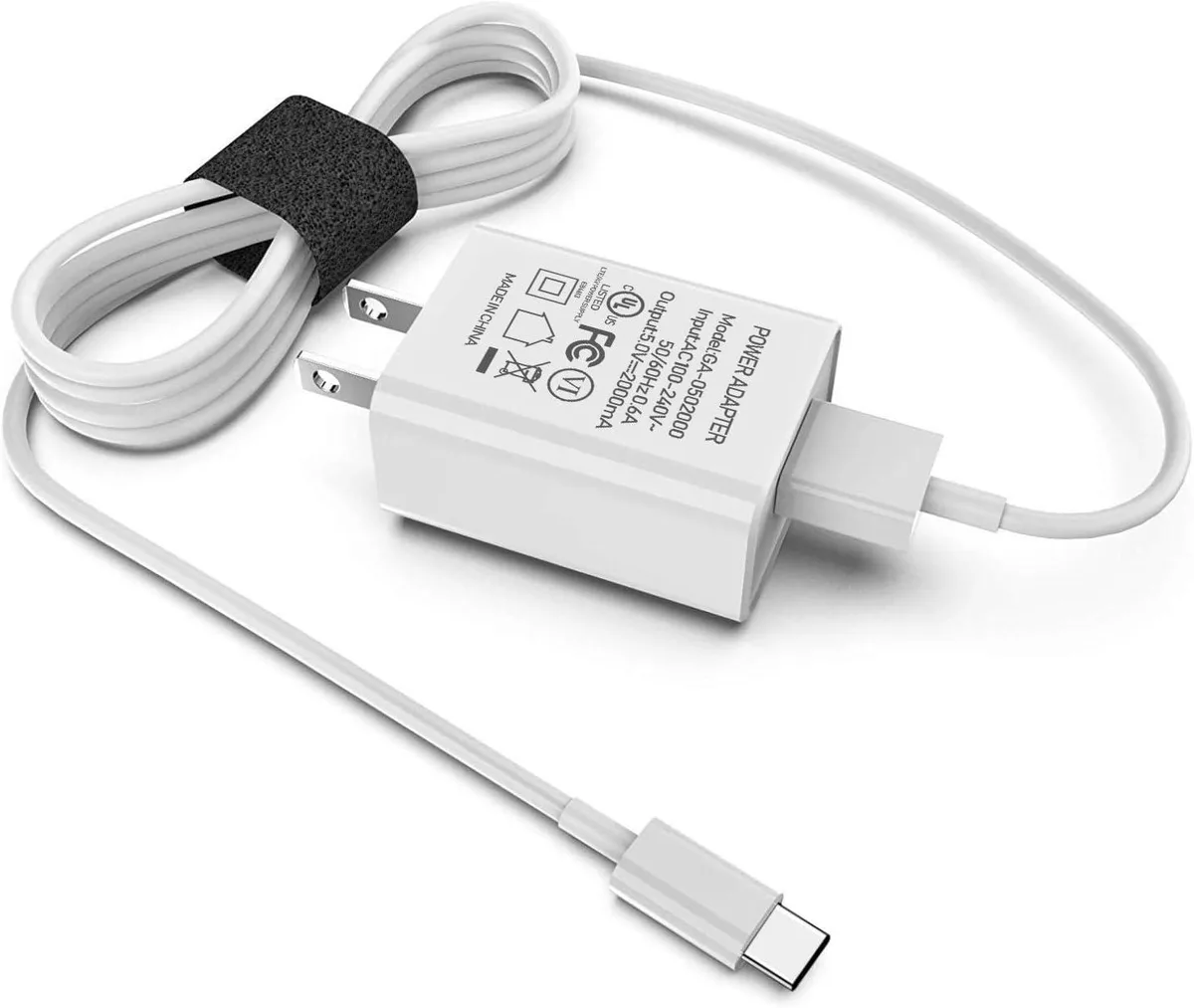 White compact wall charger with attached 6.6ft USB-C and Micro-USB cable