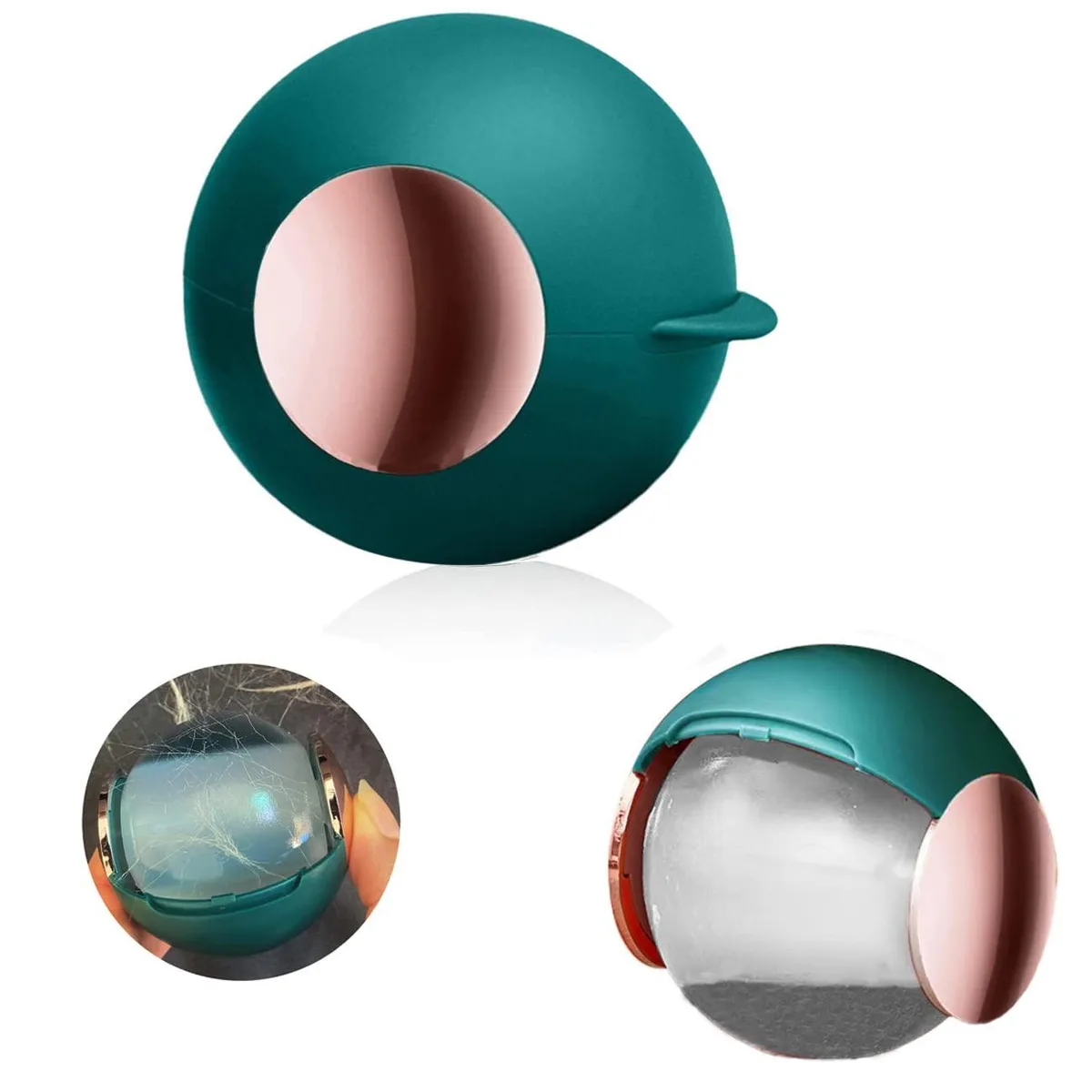 Small green spherical lint roller with transparent body, 2.68 inches diameter