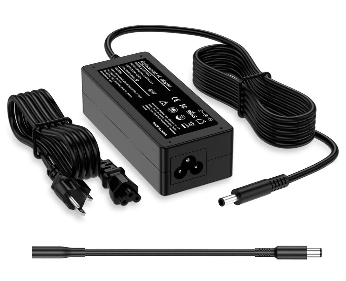 Black rectangular 65W laptop charger with 4.5mm barrel connector and detachable power cord