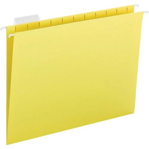 Box of 25 yellow hanging file folders with clear tabs