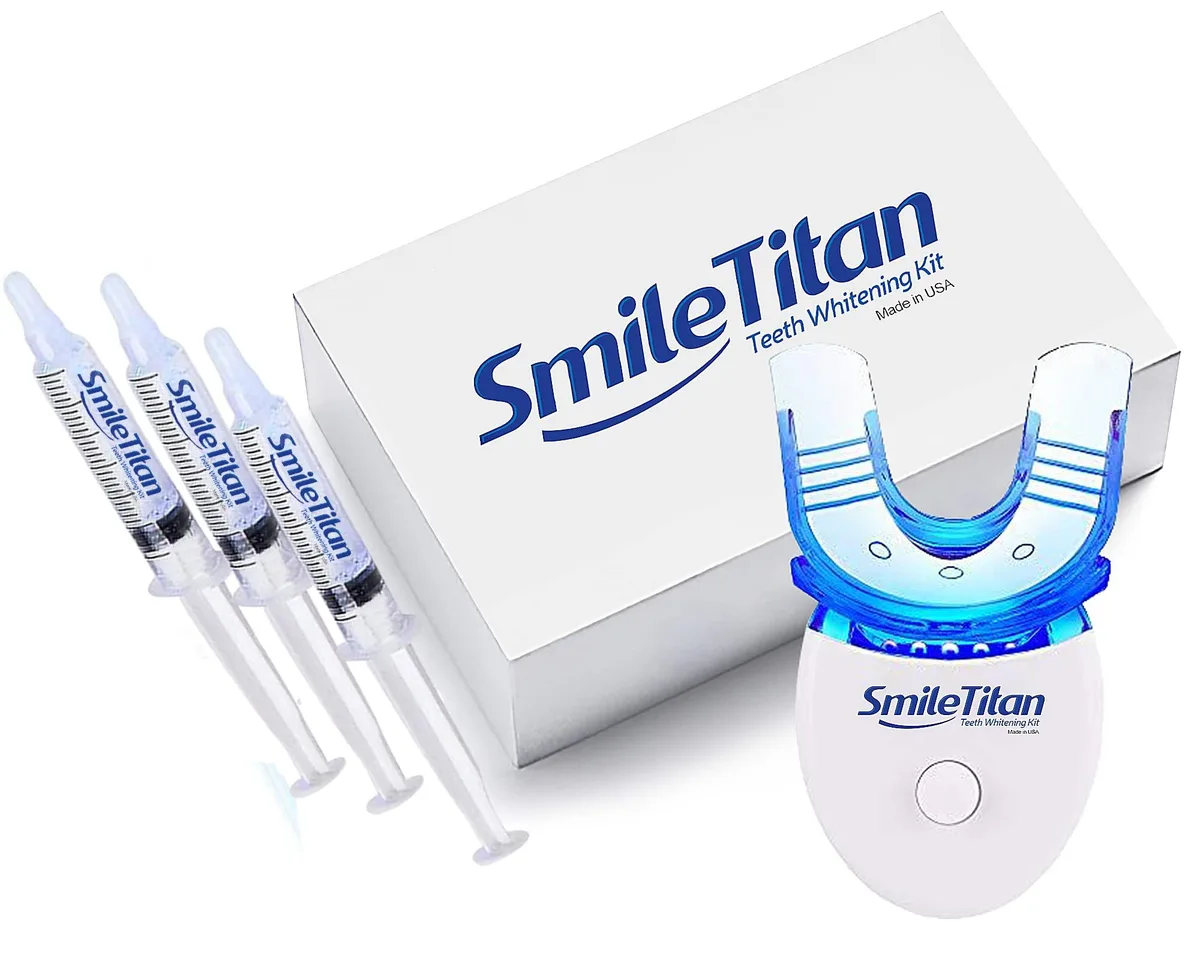 Waterpik Smile Titan teeth whitening kit with LED light and three gel syringes