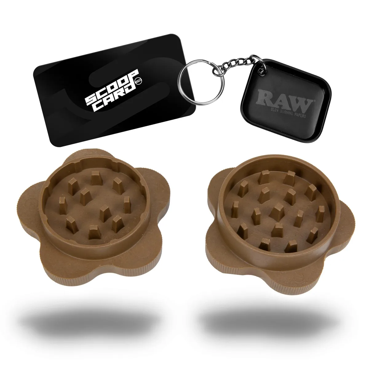 Brown plastic spice mill with matching keychain tray