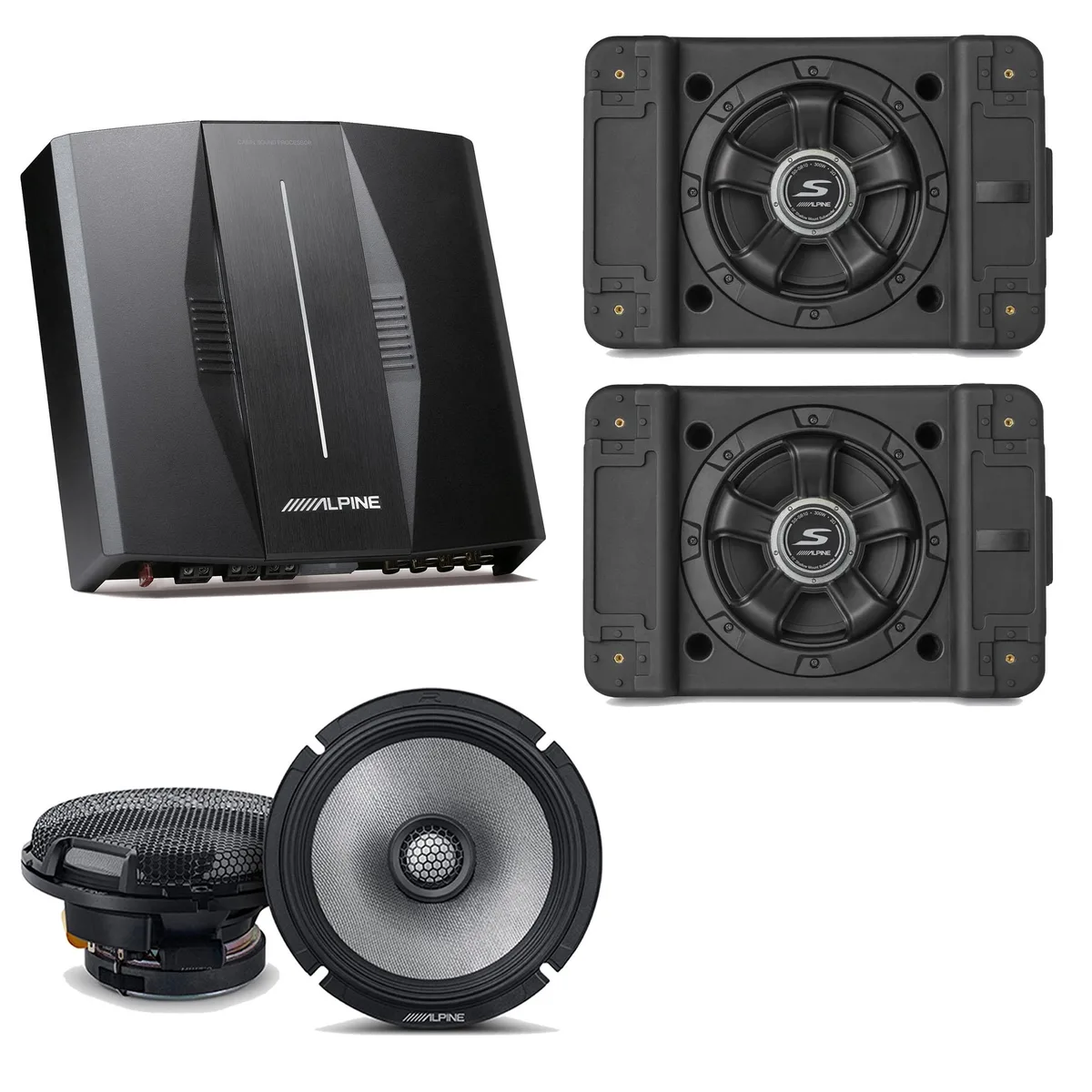 Alpine PXE-C80-88 amplifier, two shallow 12-inch subwoofer enclosures, pair of 6.5-inch coaxial speakers