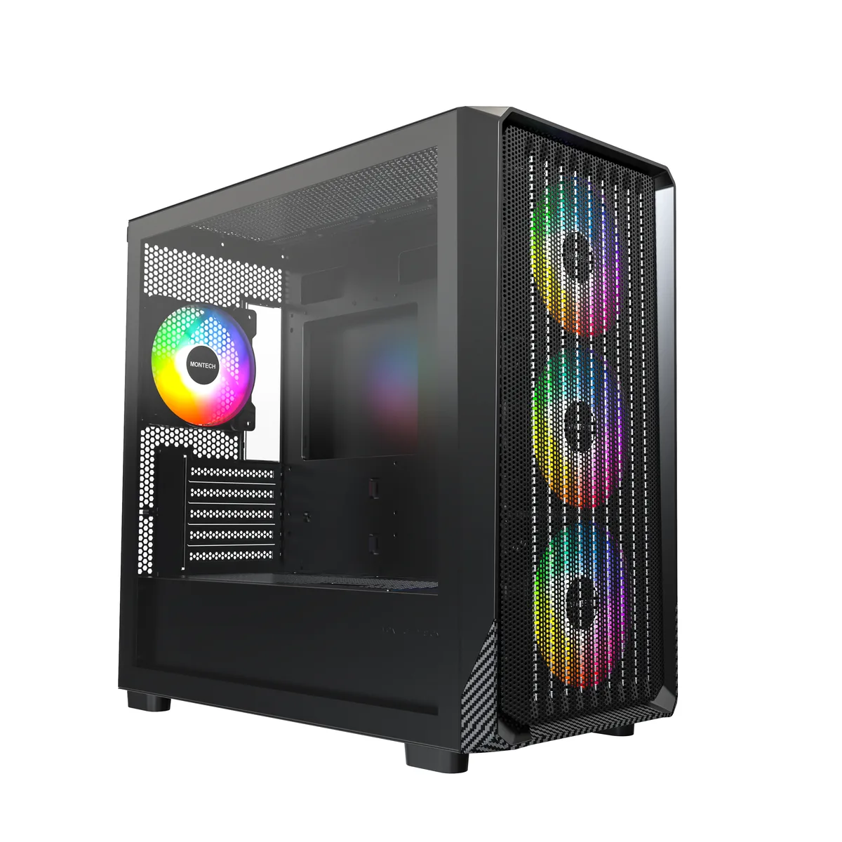 Black micro-ATX tower with tempered-glass side panel, carbon-fibre front accents and four pre-installed ARGB fans