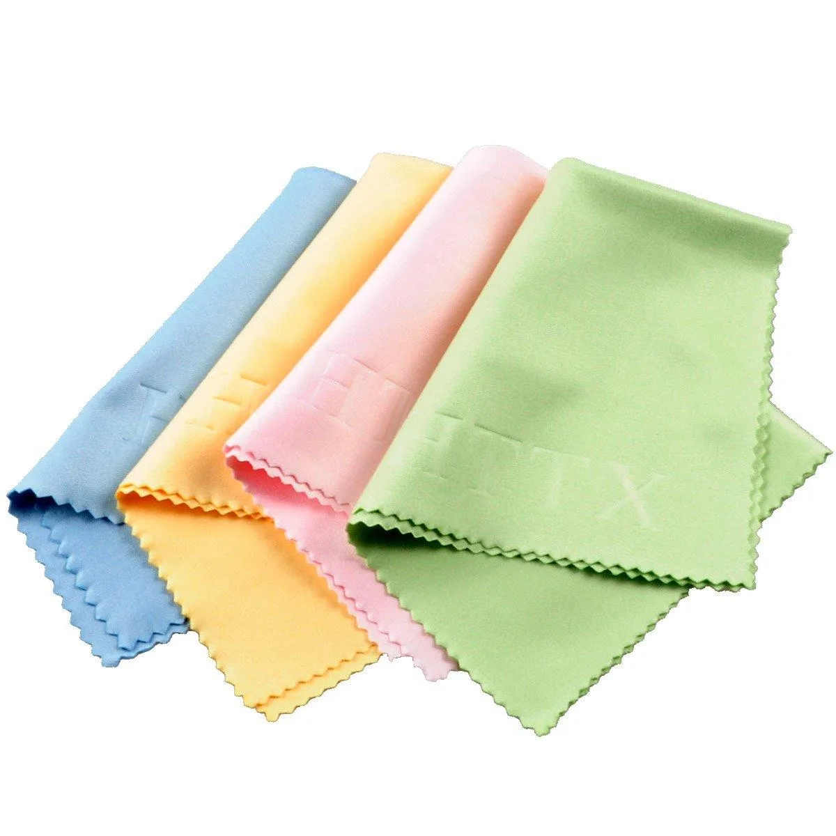 Four small square microfibre cloths in blue, yellow, pink and green, each in a clear bag