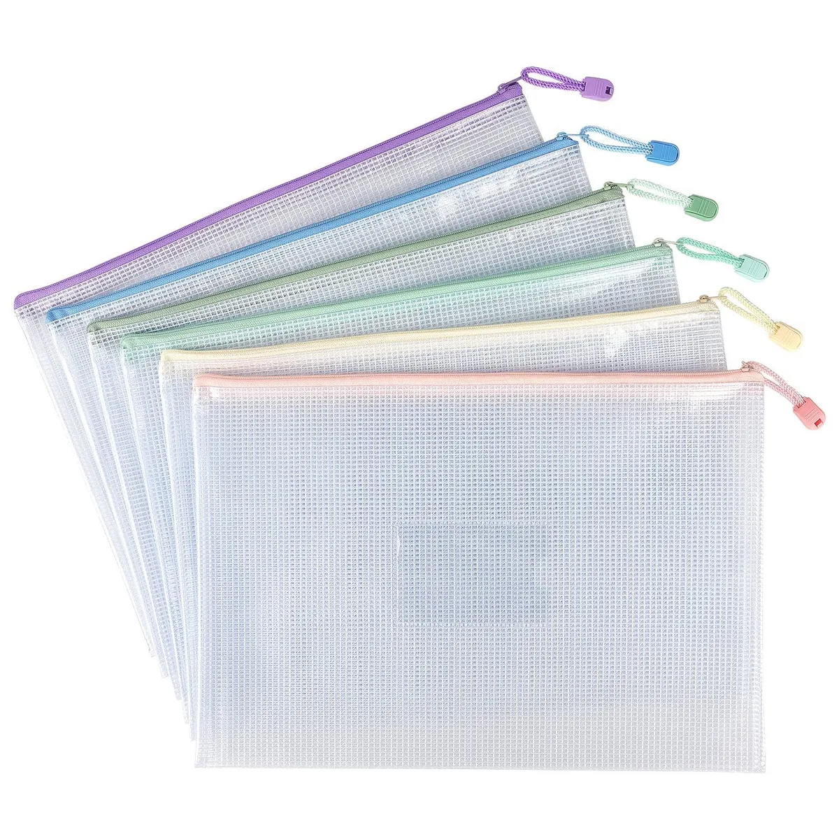 Six transparent mesh zipper pouches in assorted colors with label pockets