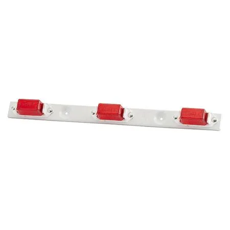 Red rectangular bar lamp with three incandescent bulbs, acrylic lens, polypropylene housing, blunt cut wires, screw mount