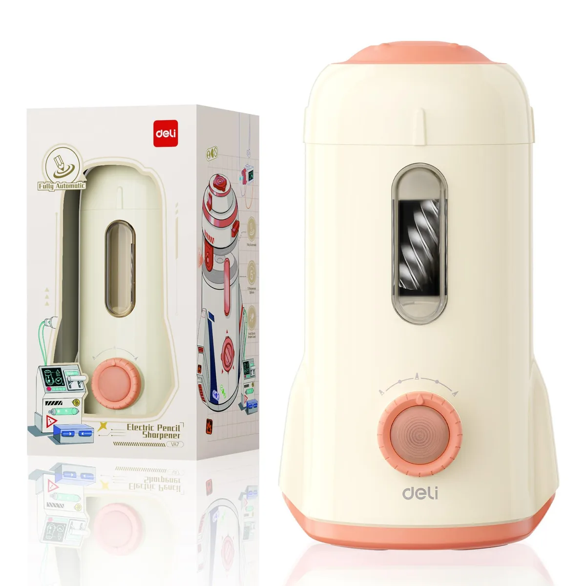 White automatic pencil sharpener, rechargeable, five settings