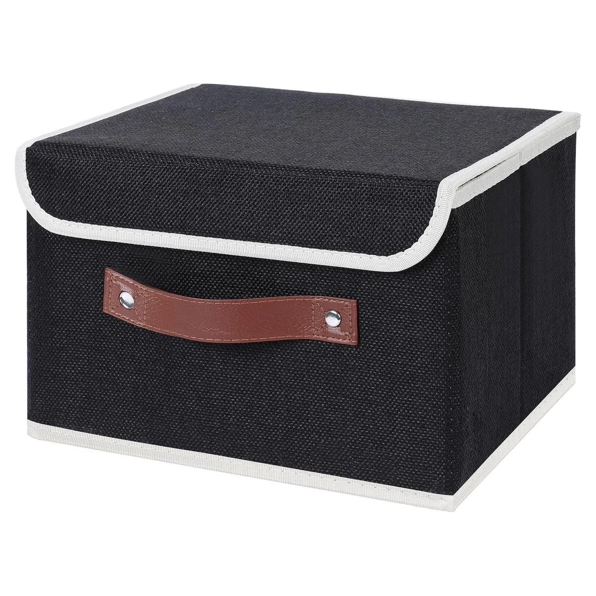 Black fabric storage box with lid, 10.2 x 8 x 7 inches, faux leather handle, Velcro closure