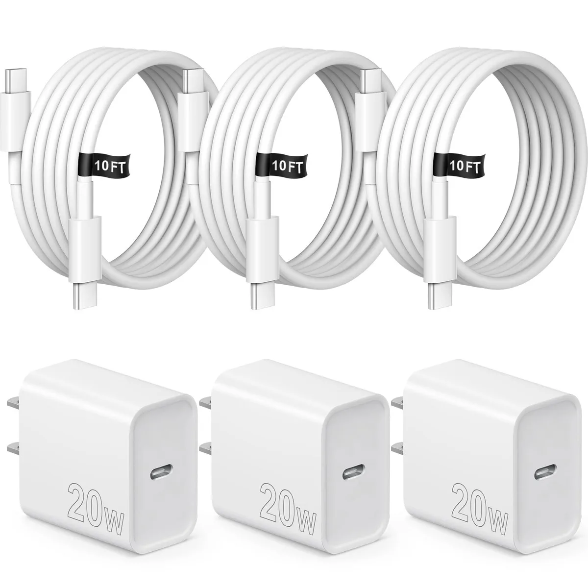 Three white USB-C wall chargers with foldable plugs and three long white USB-C cables coiled beside them