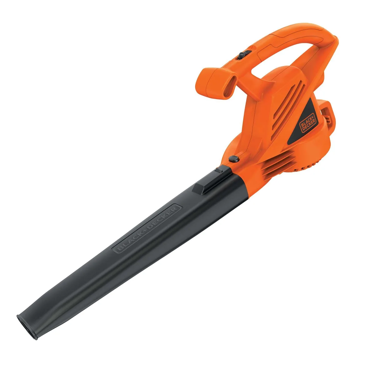 Orange handheld electric leaf blower with black accents, integrated blow tube, cord retention hook, weighs 4.4 lbs