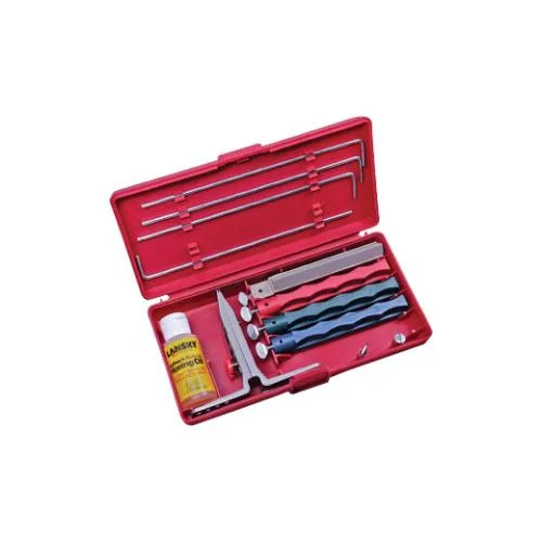 Lansky knife sharpening kit in a moulded carrying case with clamp, guide rod and colour-coded hones