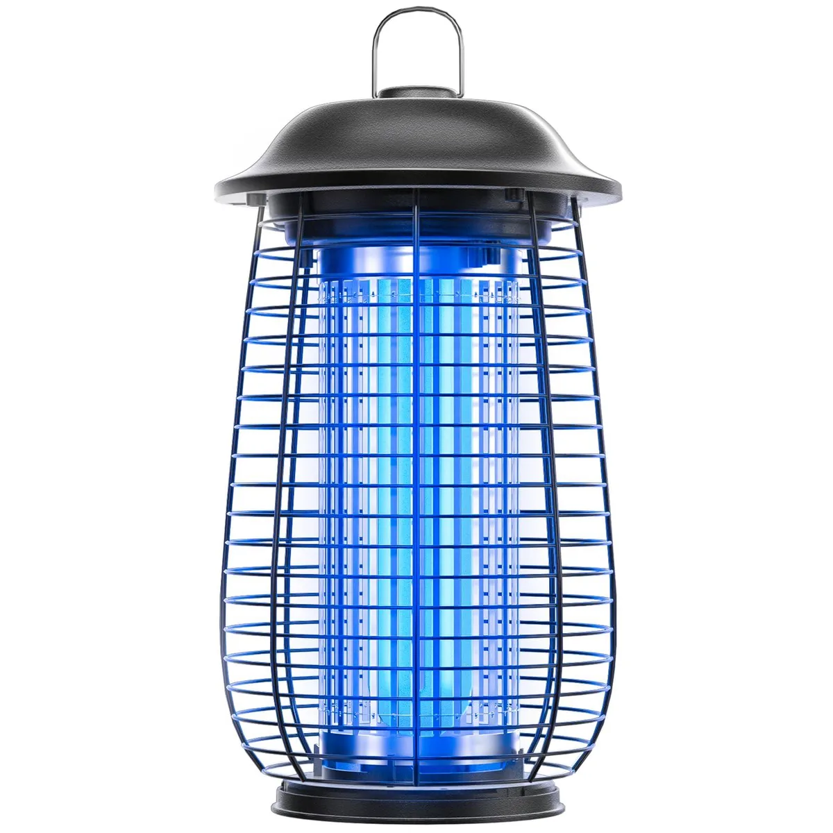 Black cylindrical bug zapper with metal grid, UV LED top, hanging hook, 6.5ft power cord