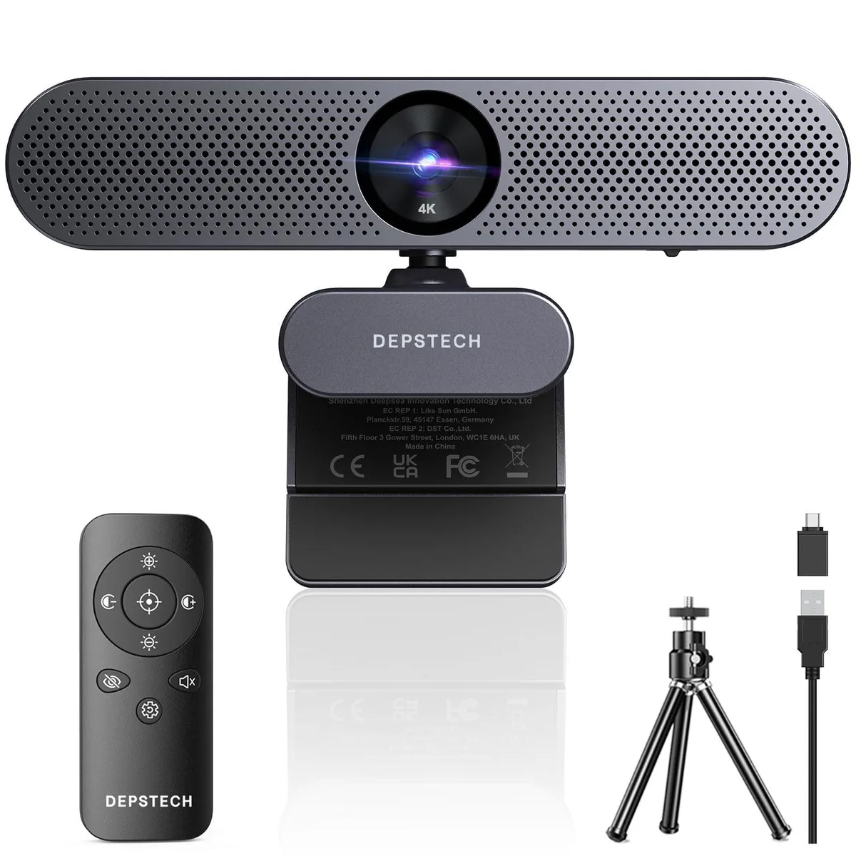 KEHIPI DW50 4K webcam, rectangular matte-black body with front lens, dual mic grilles, sliding privacy cover, clip mount
