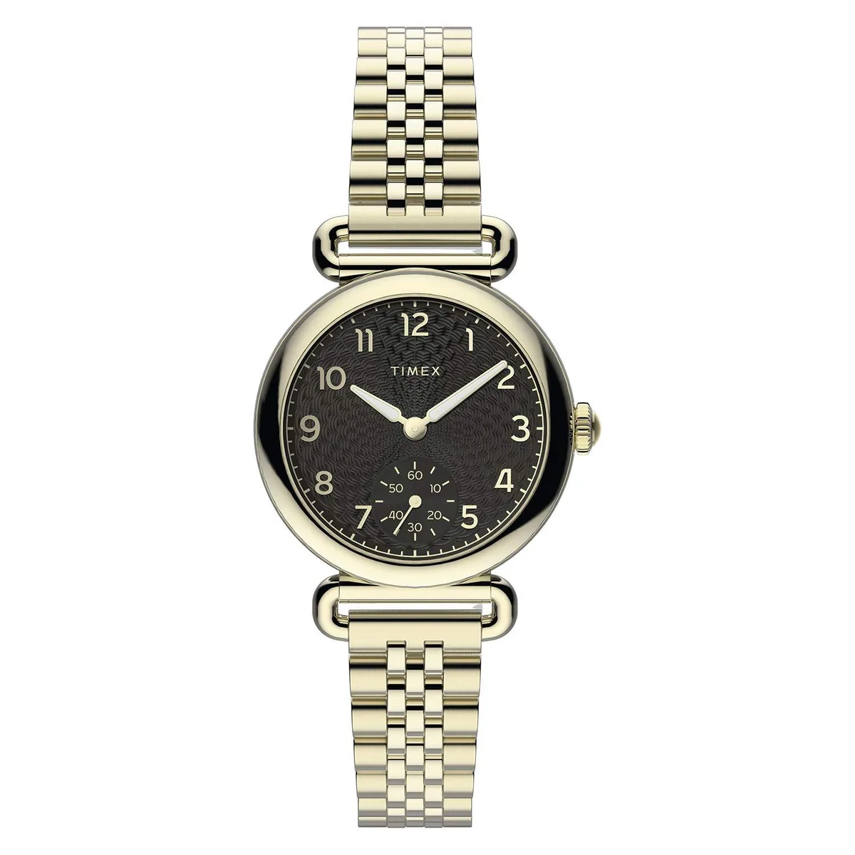 Gold-tone stainless steel watch with black dial and matching bracelet, 33mm case