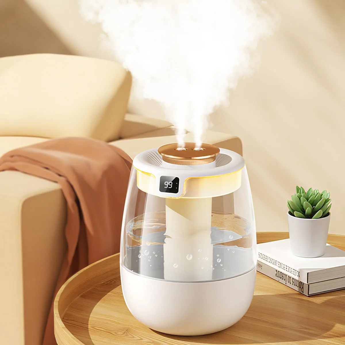 Compact white desktop humidifier with dual spray nozzles, digital display and night light