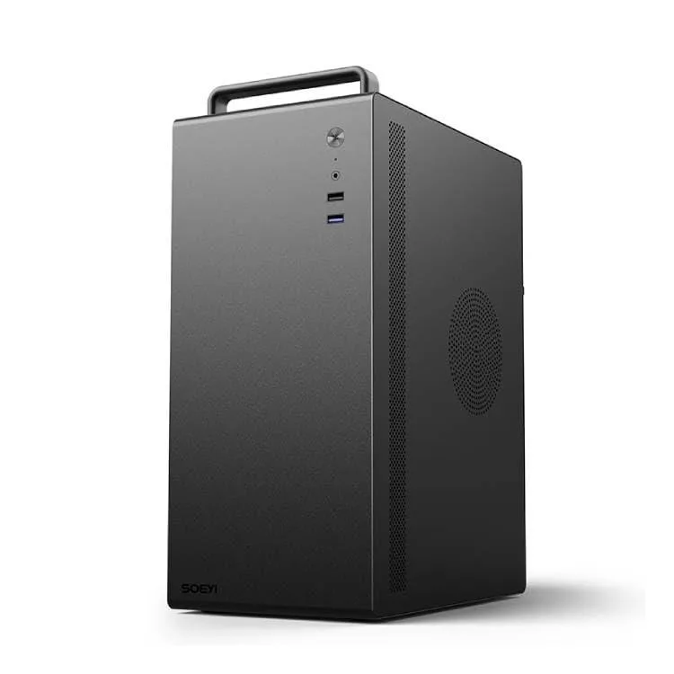 Compact black mini-tower case with carry handle and steel side panel