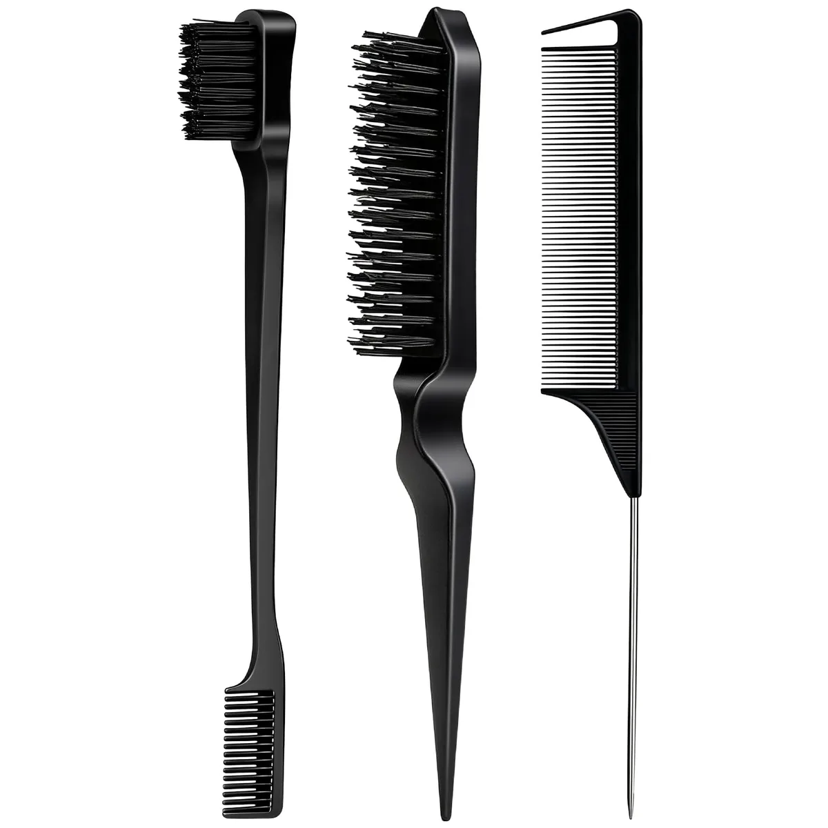 Three black hair styling tools: dual edge brush, bristle brush, rat tail comb