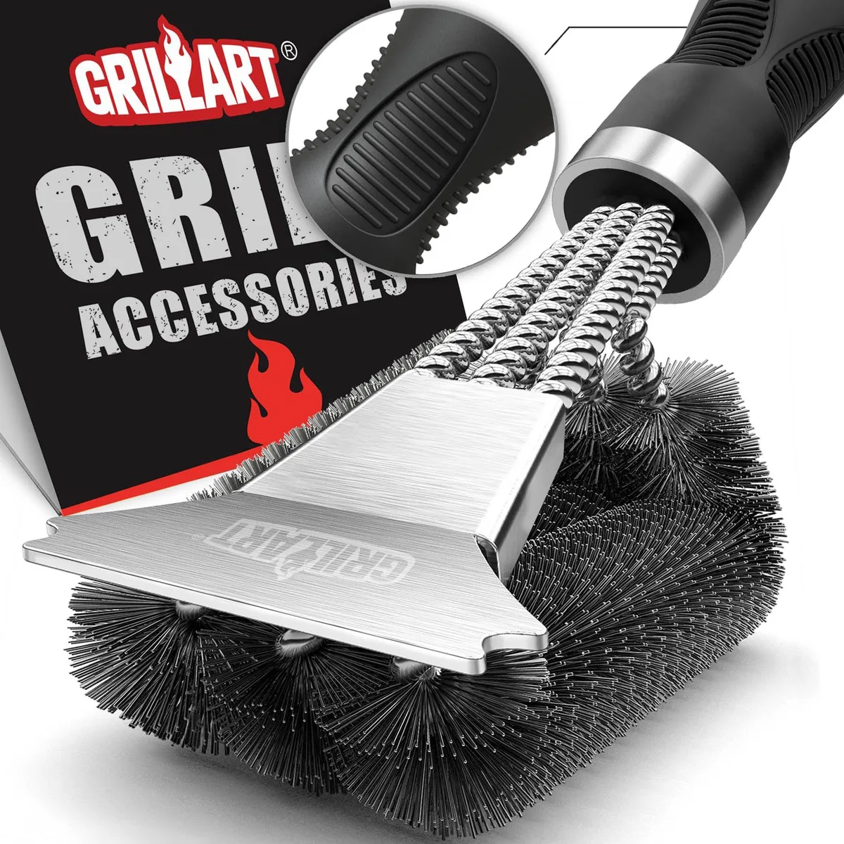 Black 18 inch grill brush with integrated scraper and triple wire bristle head