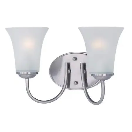 Satin nickel vanity light with two tall frosted glass shades on a minimalist frame