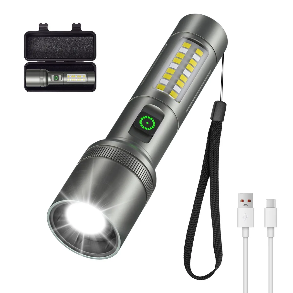 Black aluminium LED flashlight, compact rectangular body with USB-C port