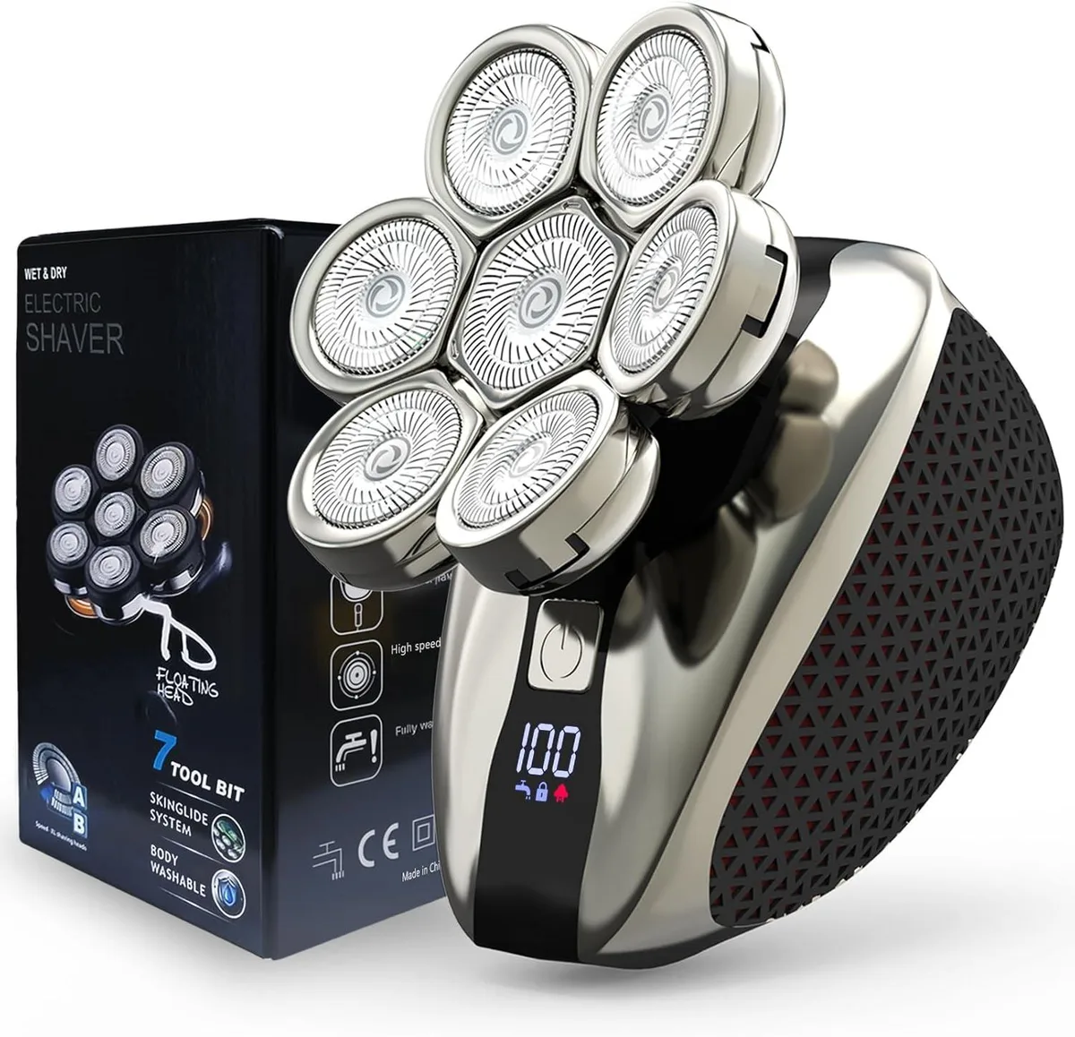 Black 7D rotary head shaver with LED display and detachable attachments