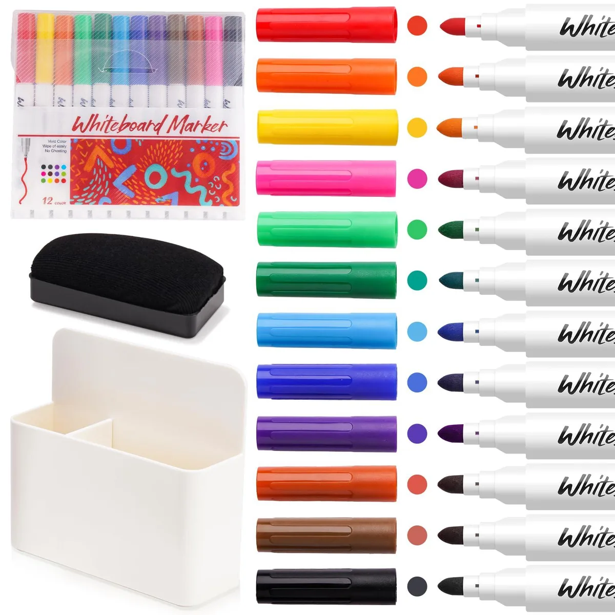  NiArt NiArt-0083 12-color fine-tip dry-erase marker set with magnetic holder and eraser .5mm — product photo