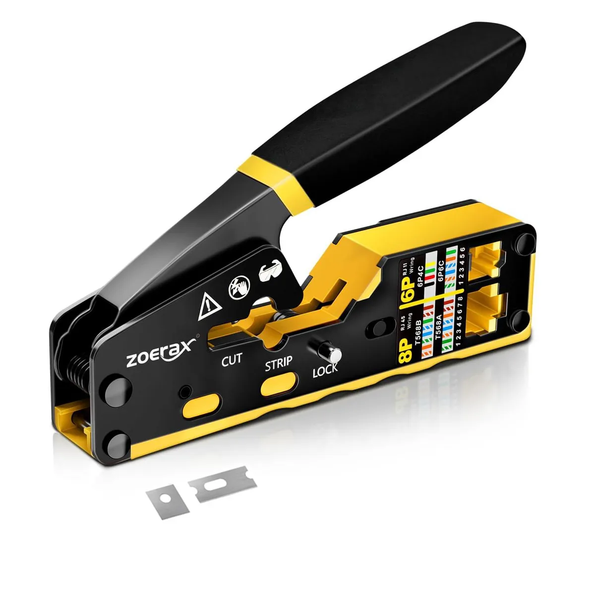Yellow Klein Tools RJ45 crimping tool with ergonomic handles for pass-through connectors