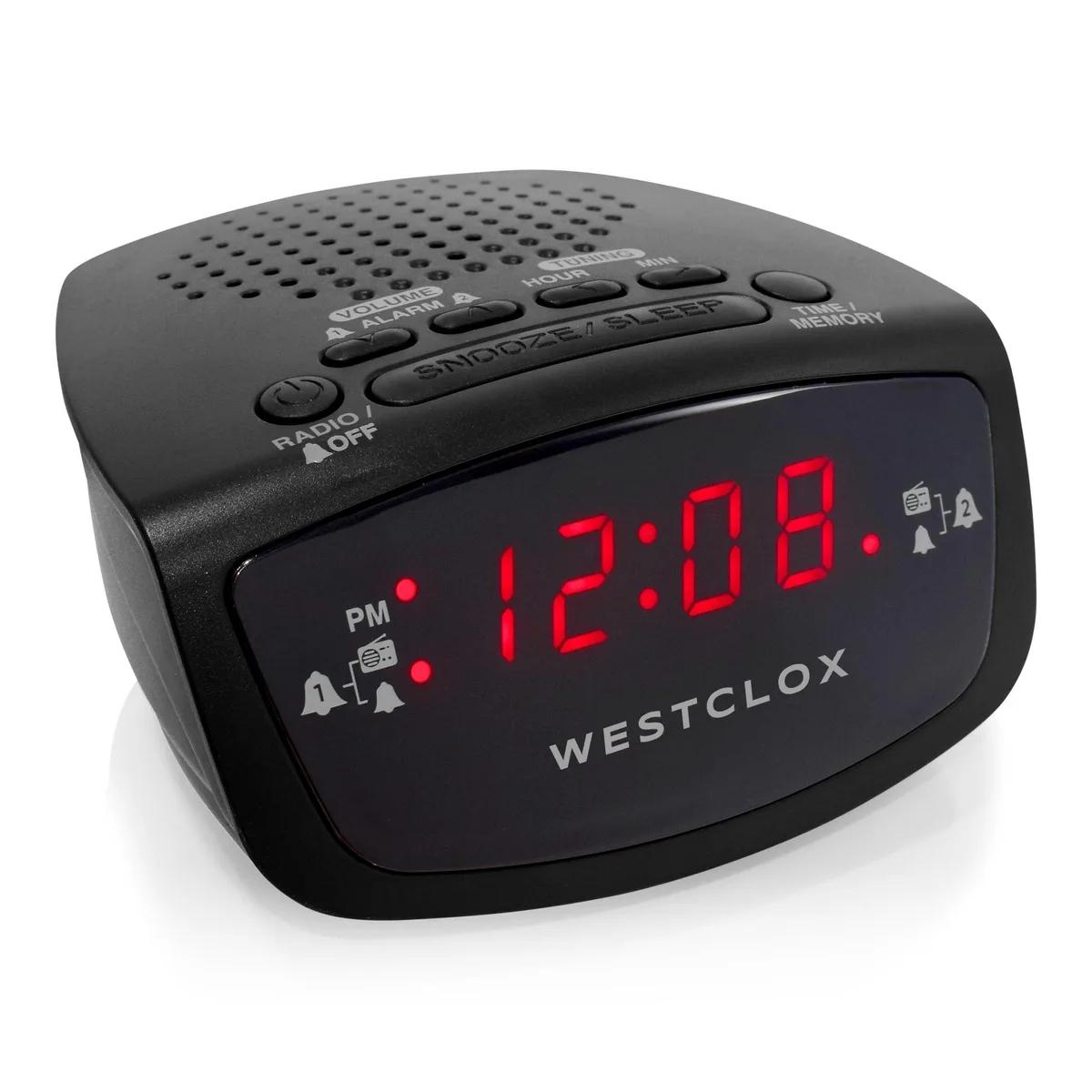 Westclox 80209 Dual Alarm Clock Radio .6" Red LED 20 Presets Black — product photo