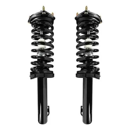 Two silver front strut assemblies with coil springs and top mounts, sold as a pair