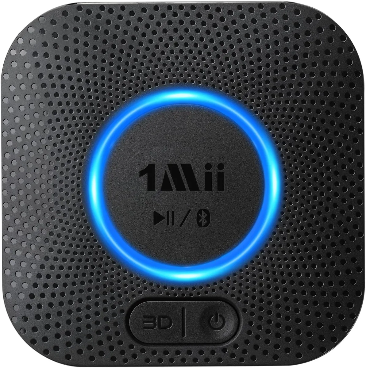 Compact square Bluetooth 5.3 receiver in matte black with RCA ports and LED indicators