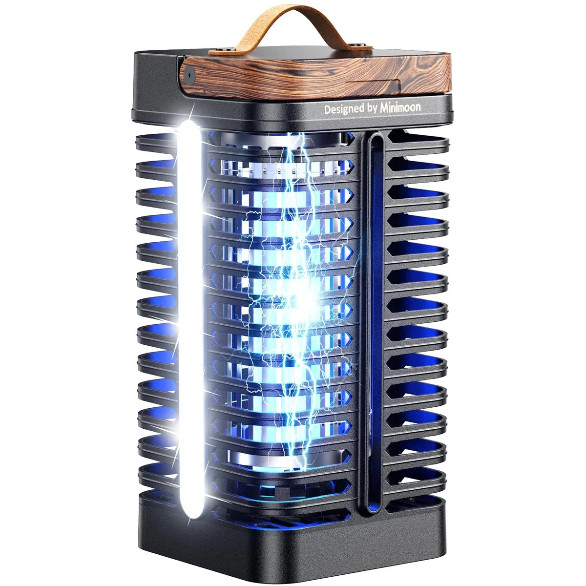 Black cylindrical bug zapper with dual side LED lights, western style, hanging hook and carry handle, 5.9 ft cord